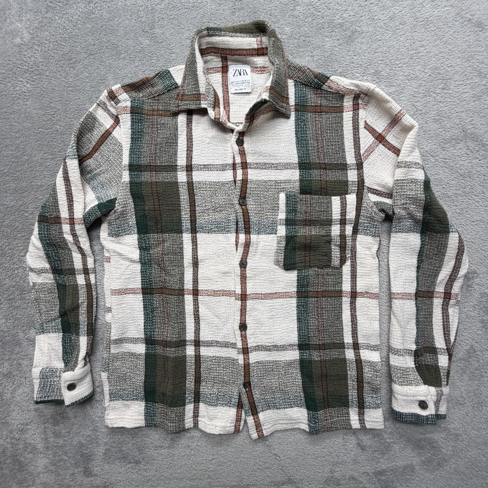Zara Shirt‎ Mens S White Plaid Knit Button-Up Long Sleeve Relaxed Casual